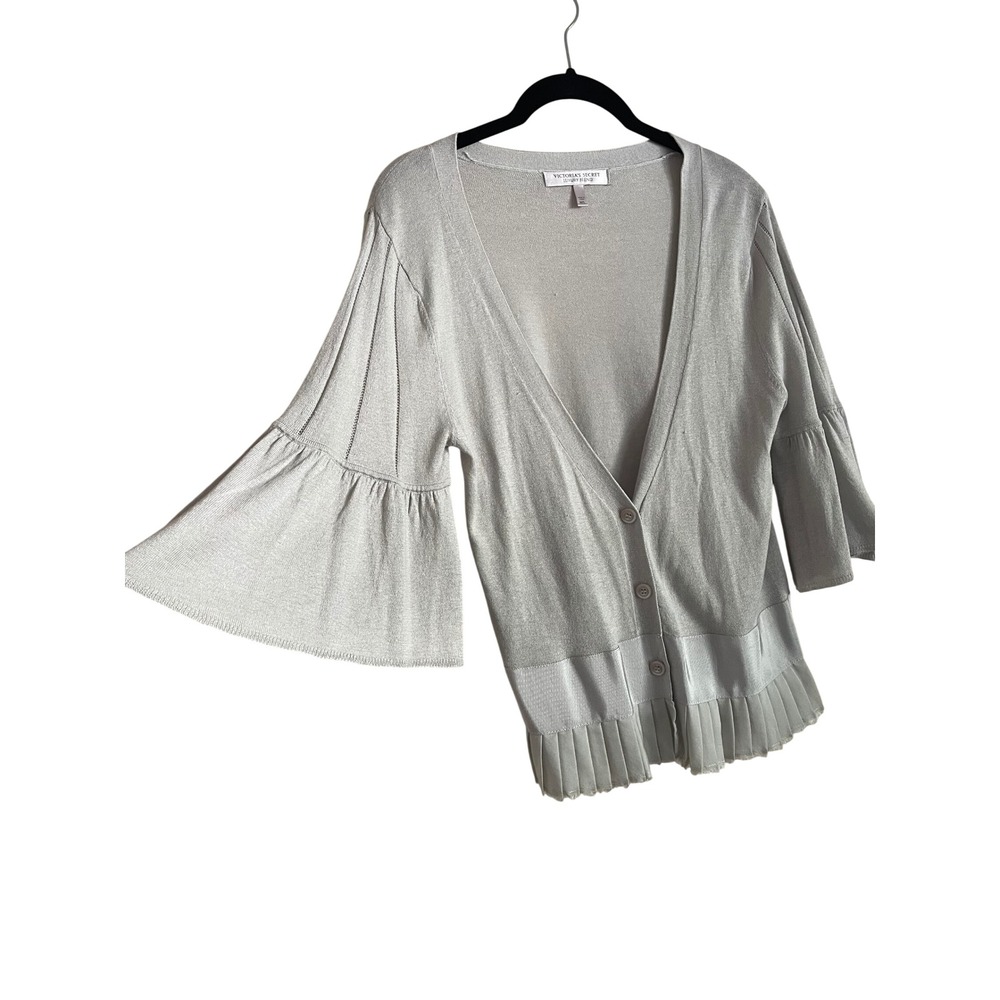 Y2K Pleated Preppy Quiet Luxury Silk Cashmere Cardigan Silver M/L Flared Sleeves